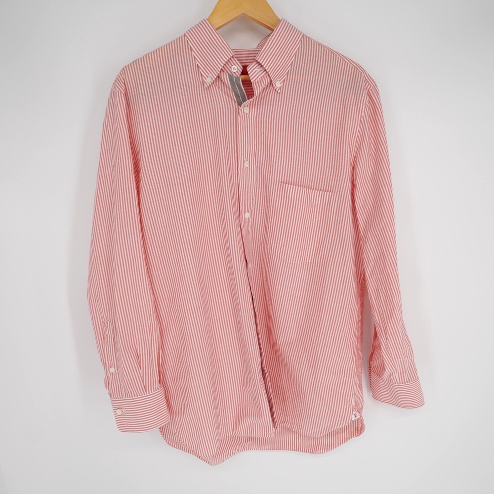 ISAIA Button Down Shirt Mens 16.5 Red Cotton Striped Long Sleeve Italy Pocket